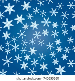 Seamless pattern with abstract colorful snowflakes on blue background. Chaotic, random, scattered winter motives. Vector illustration.