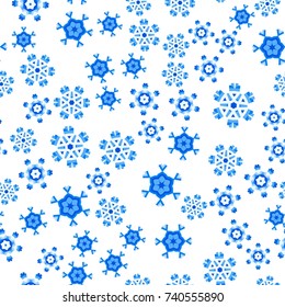 Seamless pattern with abstract colorful snowflakes on transparent background. Chaotic, random, scattered winter motives. Vector illustration.