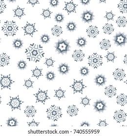 Seamless pattern with abstract colorful snowflakes on transparent background. Chaotic, random, scattered winter motives. Vector illustration.