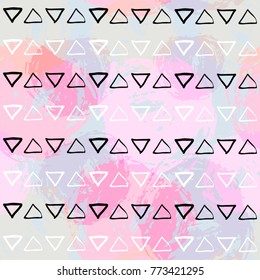 Seamless pattern with abstract colorful spots and hand drawn triangles