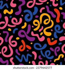 Seamless pattern with abstract colorful squiggles, fluid shapes, curls, cartoon style. Wavy lines, organic forms on a black background. Trendy modern vector illustration, hand drawn, flat design