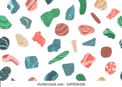 Seamless pattern with abstract colorful stones. Marble, granite, quartz textures. Sea shore stones. Minimal modern design. Pavement, floor, terrazzo concept.