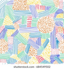 seamless pattern with abstract colorful strokes and dots on the white background
