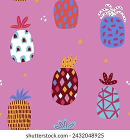 Seamless pattern with abstract colourful pineapples.Exotic summer background with fruits. Vector illustration