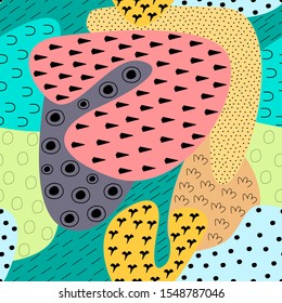 Seamless pattern with abstract colourful spots and little elements. Funny vector background