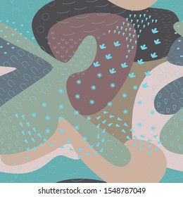 Seamless pattern with abstract colourful spots and little elements. Funny vector background