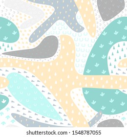 Seamless pattern with abstract colourful spots and little elements. Funny vector background