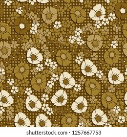 Seamless pattern. Abstract composition of flowers against the background of rows of small squares. The colors of gold.