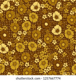Seamless pattern. Abstract composition of flowers against the background of rows of small squares. The colors of gold.