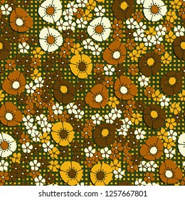 Seamless pattern. Abstract composition of flowers against the background of rows of small squares. The colors of gold.