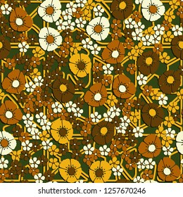 Seamless pattern. Abstract composition of flowers against the background of rows of quadrilateral figures. The colors of gold.