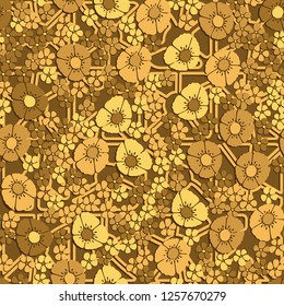 Seamless pattern. Abstract composition of flowers against the background of rows of quadrilateral figures. The colors of gold.