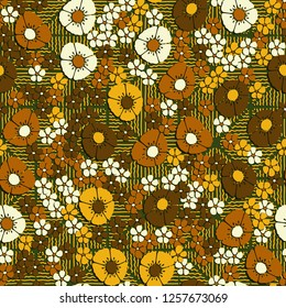 Seamless pattern. Abstract composition of flowers on the background of wavy lines. The colors of gold.