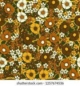 Seamless pattern. Abstract composition of flowers on a background of square weaves. The colors of gold.