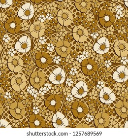 Seamless pattern. Abstract composition of flowers on a background of squares consisting of arcs. The colors of gold.