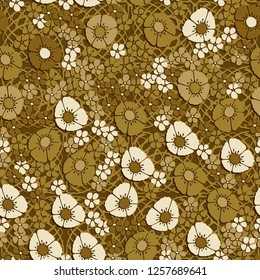 Seamless pattern. Abstract composition of flowers on a background of squares consisting of arcs. The colors of gold.