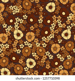 Seamless pattern. Abstract composition of flowers on the background of squares and crosses. The colors of gold.
