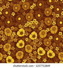 Seamless pattern. Abstract composition of flowers on the background of rows of monochrome four-petal flowers. The colors of gold.