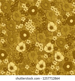 Seamless pattern. Abstract composition of flowers on the background of rows of monochrome four-petal flowers. The colors of gold.