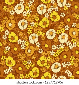Seamless pattern. Abstract composition of flowers on the background of rows of monochrome four-petal flowers. The colors of gold.