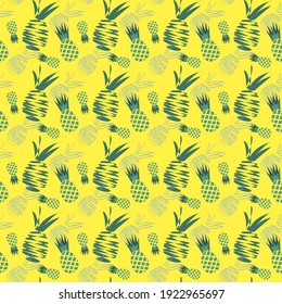 Seamless pattern with abstract composition of pineapples drawing in minimal outline style on a yellow background
