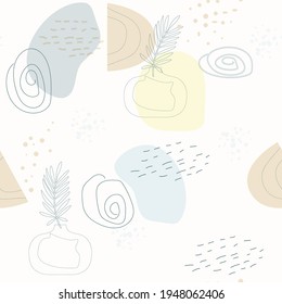 Seamless pattern with abstract composition of simple shapes. Tropical palm leaves in a vase. Collage style, minimalism. Pastel earthy colors. Vector background for cover, print for clothes, textiles.