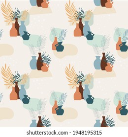 Seamless pattern with abstract composition of simple shapes. Tropical palm leaves in a vase. Collage style, minimalism. Pastel earthy colors. Vector background for cover, print for clothes, textiles.