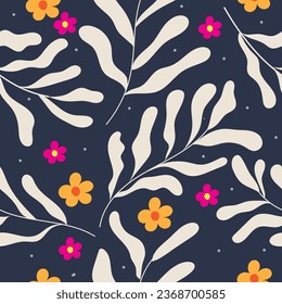 A seamless pattern of abstract contemporary leaves on dark  blue navy background.