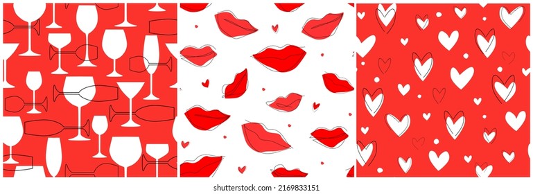 Seamless pattern with abstract contemporary simple print. Bright linear lips, hearts, wine glasses are a symbol of love. Vector graphics.