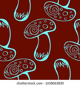 Seamless pattern of abstract contour mushrooms with snails on a color background. Hand drawn vector stock illustration with forest fungus.
