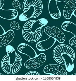 Seamless pattern of abstract contour mushrooms with snails on a color background. Hand drawn vector stock illustration with forest fungus.
