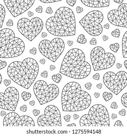 Seamless pattern with abstract cracked hearts, dark contoured hearts on white background