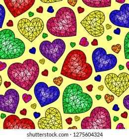 Seamless pattern with abstract cracked hearts, bright colored hearts on yellow background