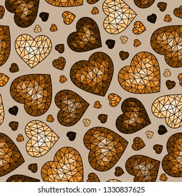 Seamless pattern with abstract cracked hearts, brown cracked hearts on beige background, Sepia