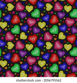 Seamless pattern with abstract cracked hearts, bright colored hearts on dark  background