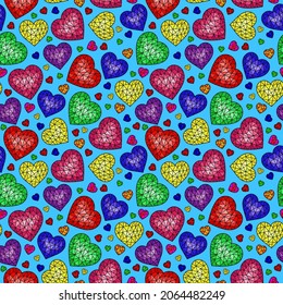 Seamless pattern with abstract cracked hearts, bright colored hearts on blue  background