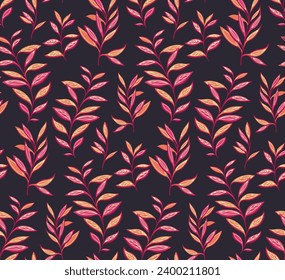 Seamless pattern with abstract, creative, colorful leaves stem.  Burgundy foliage, leaf branches on a black background. Vector hand drawn sketch. Design for fabric, fashion, wallpaper, print