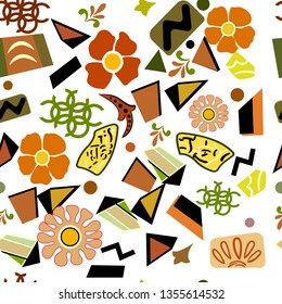 Seamless pattern of abstract creative geometric elements of different shapes for printing on fabric, wrapping paper, packaging, wallpaper, poster. Vector illustration on a gray background.