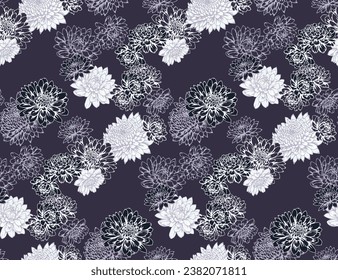 Seamless pattern with abstract, creative, stylized, dahlia flowers. Vector hand drawn sketch. Monochrome black and white floral texture print. Design template, fabric, fashion, surface design