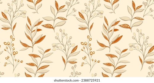 Seamless pattern with abstract, creative, stylized beige leaves stem, branches berries. Vector hand drawn. Template for design