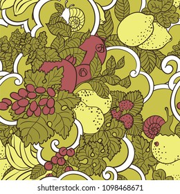 Seamless pattern with abstract curls, fruits and berries in olive, green and pink  colors. Vector graphic design illustaion