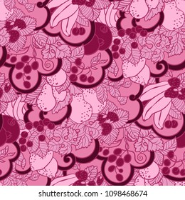 Seamless pattern with abstract curls, fruits and berries in pink colors. There is  mint also in vector graphic illustration