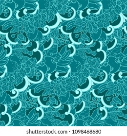 Seamless pattern with abstract curls, fruits and berries in marine and blue colors. There is  mint also. Vector graphic illustration