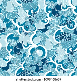 Seamless pattern with abstract curls, fruits and berries in blue colors. There is a snail and mint also. Vector design graphic illustration