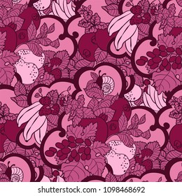 Seamless pattern with abstract curls, fruits and berries in pink and magenta  colors. There is a snail and mint also in vector graphic illustration