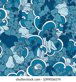 Seamless pattern with abstract curls, fruits and berries in blue colors. There is a snail and mint also in vector graphic illustration