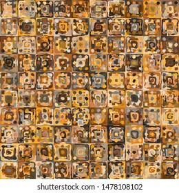 Seamless pattern. Abstract curls made by a rough brush on a checkered background. Chaos of colors. The colors of rusty iron.