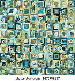 Seamless pattern. Abstract curls made by a rough brush on a checkered background. Chaos of color. Harmoniously selected paints.
