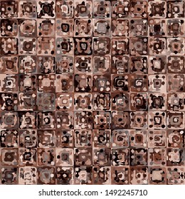Seamless pattern. Abstract curls made by a rough brush on a checkered background. Chaos of colors. The colors of rusty iron.