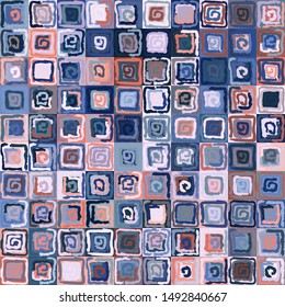 Seamless pattern. Abstract curls made by a rough brush on a checkered background. Chaotic colors. Summer colors.